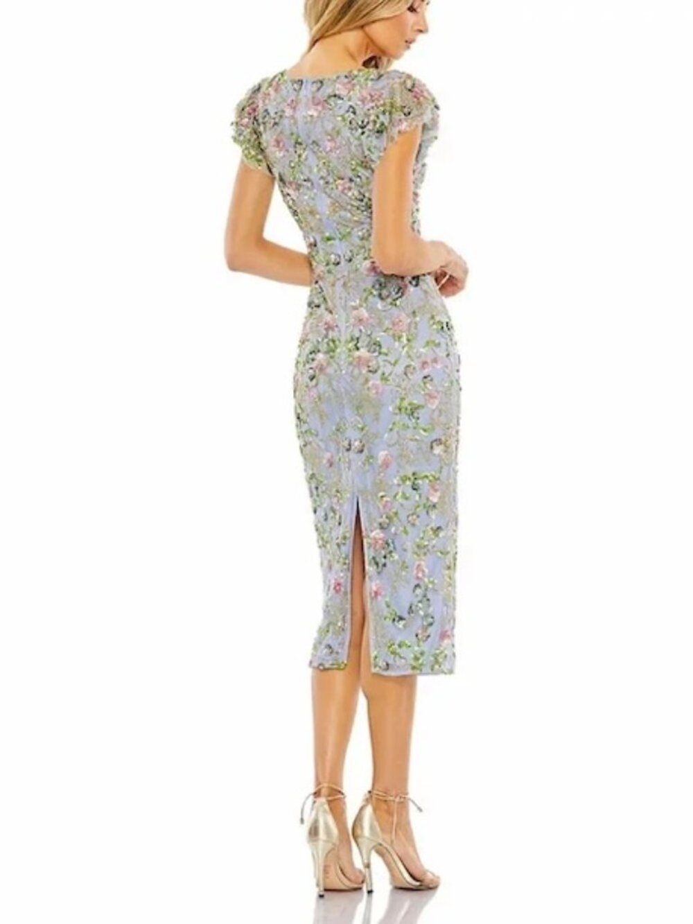 Mac Duggal Slate Blue Floral Embellished Flutter Cap Sleeve Dress - Picture 3 of 4